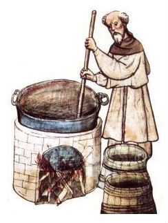 Malba středověkého cisterciánského mnicha, vařící pivo